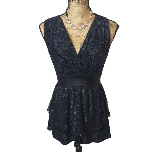 BKE Womens Black Rosette Peplum Top S Keyhole Back Jeweled Bow Tie Back Elegant - Picture 2 of 8